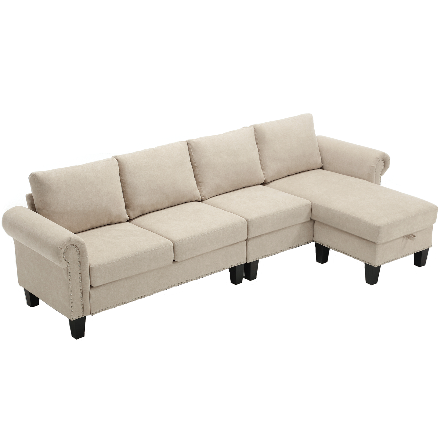 Convertible Sectional Sofa with Storage, L-Shaped Four-Seater Design in Modern Linen Fabric, Beige