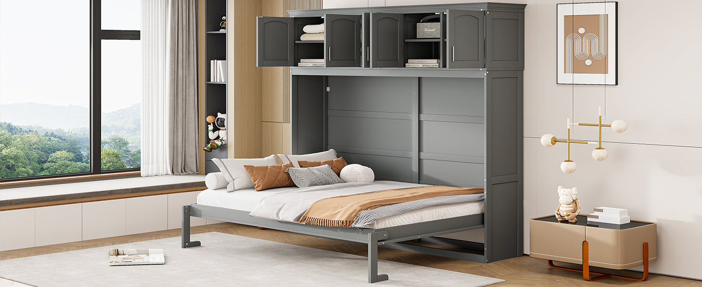 Full Size Murphy Bed Wall Bed with Top Cabinets, Gray Finish for Space-Saving Bedrooms