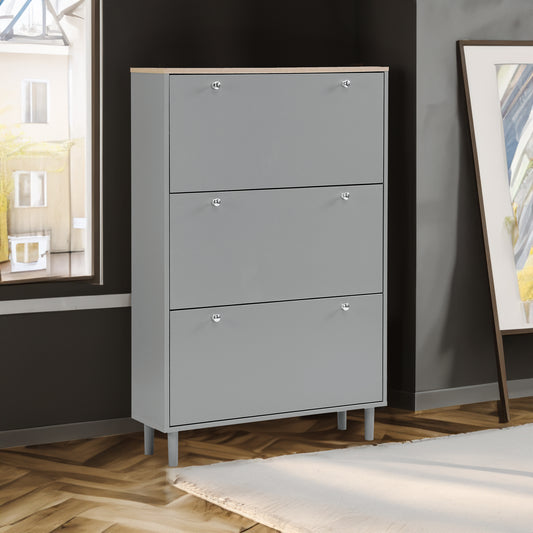 ON-TRANS narrow design shoe cabinet with 3 flip drawers and 3 independent shoe racks with 3 hooks, gray