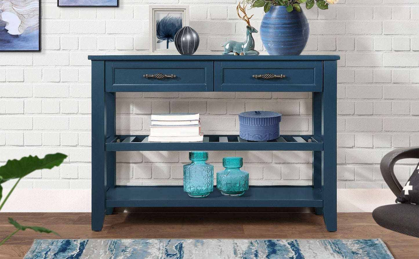 Console Sofa Table with 2 Storage Drawers and 2 Tiers Shelves Mid-Century Style 42'' Solid Wood Buffet Sideboard Navy Blue