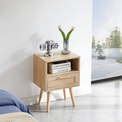 Rattan End table with drawer and solid wood legs Modern nightstand side table for living room natural