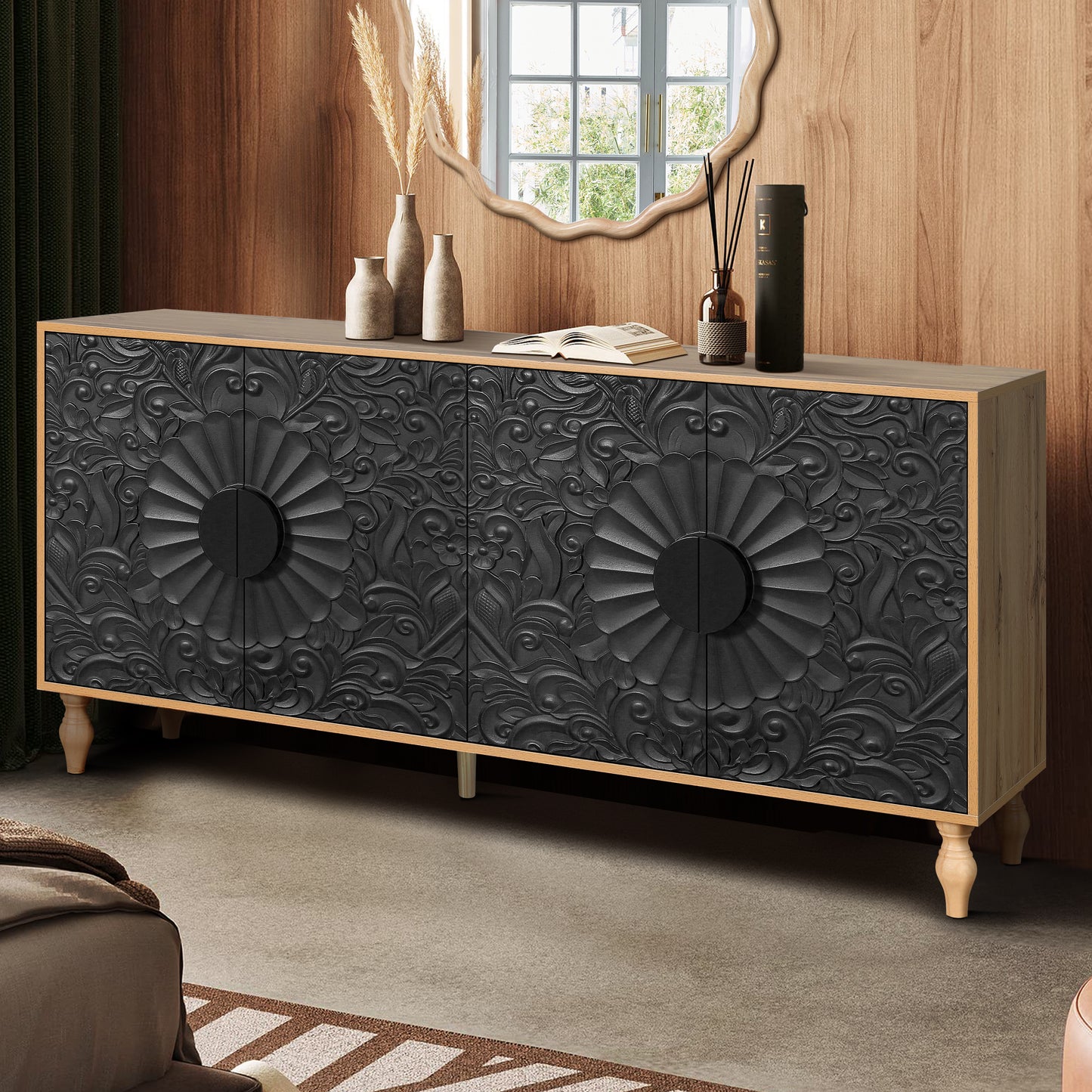 Black Carved Symmetrical Design Door with Wood-Colored Frame, Perfect for TV Stands and Living Rooms