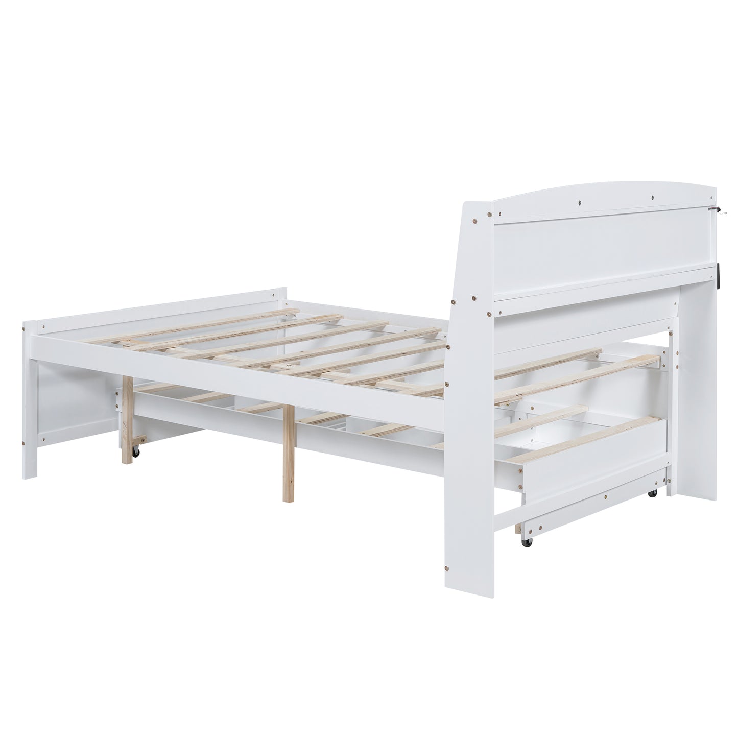 Full Size Platform Bed with Storage LED Headboard  Twin Size Trundle and 3 Drawers White