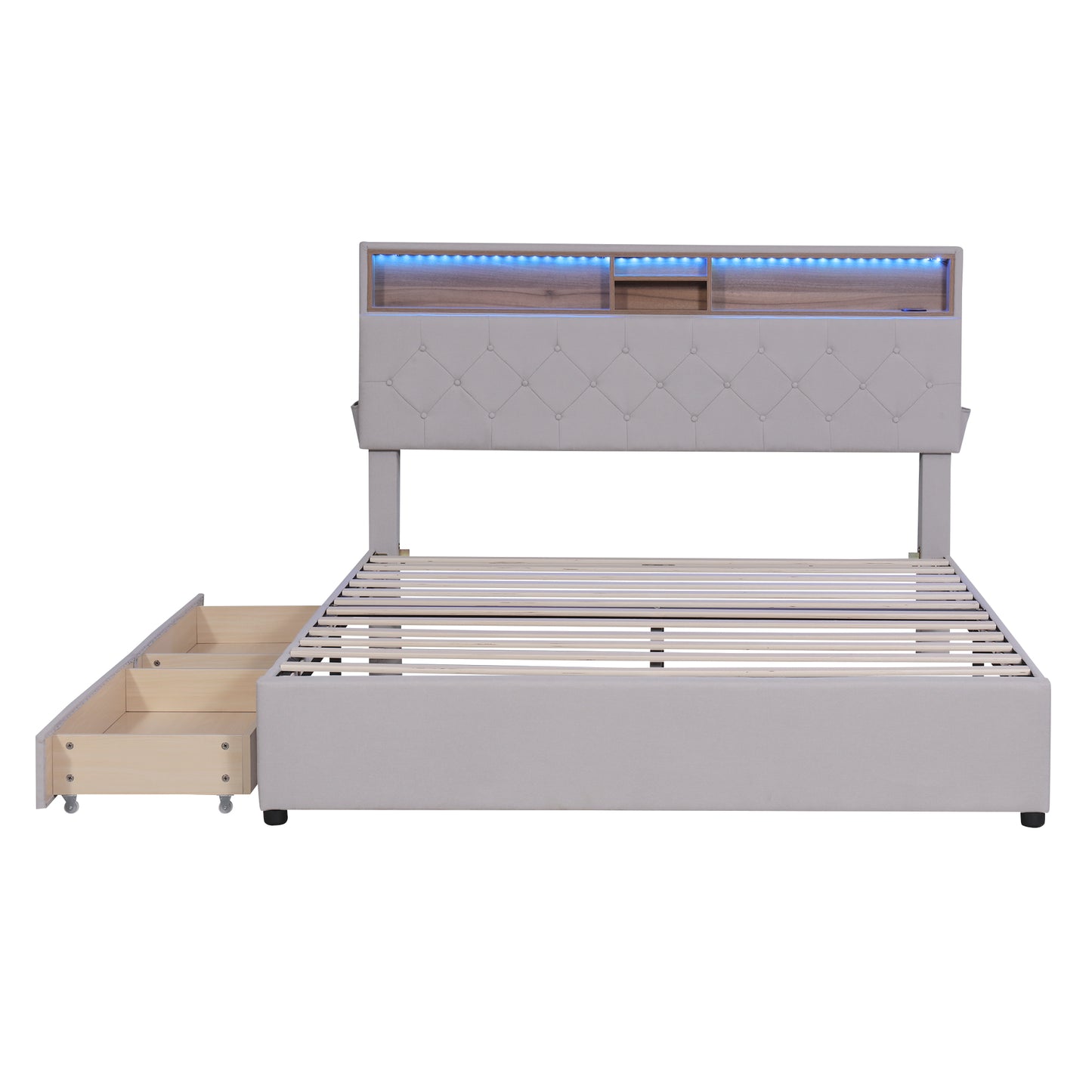 Cama tamaño queen tapizada con plataforma, cabecero con espacio de almacenamiento, luces LED, carga USB y 2 cajones, color beige