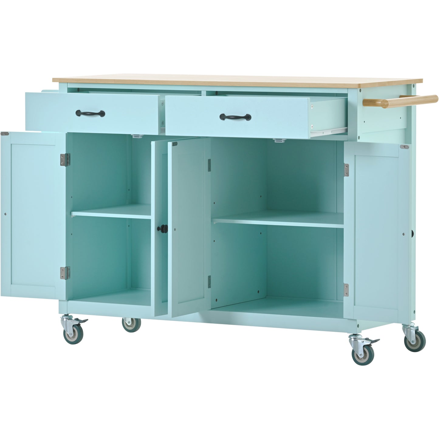 Kitchen Island Cart with 4-Door Cabinet, 2 Drawers, and Locking Wheels, Solid Wood Top in Mint Green