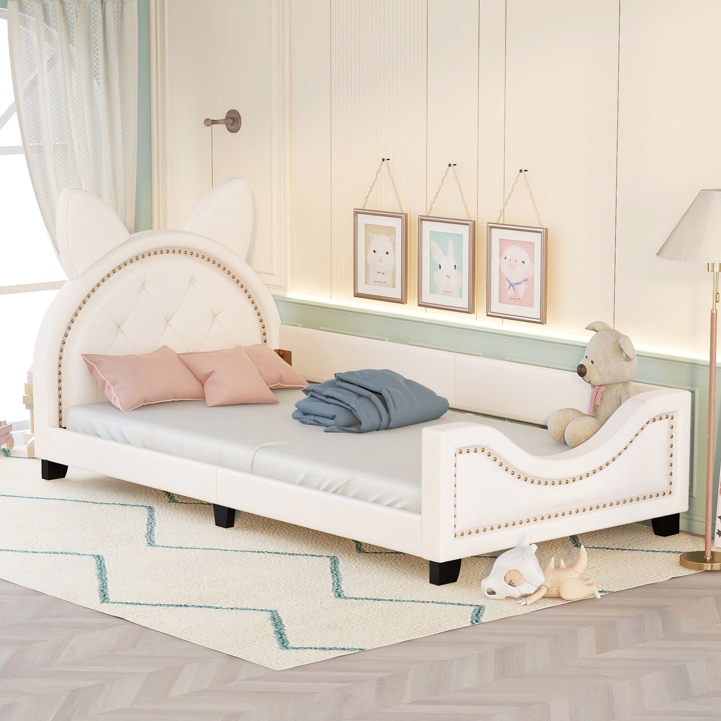 Twin Size Upholstered Daybed with Carton Ears Shaped Headboard  White