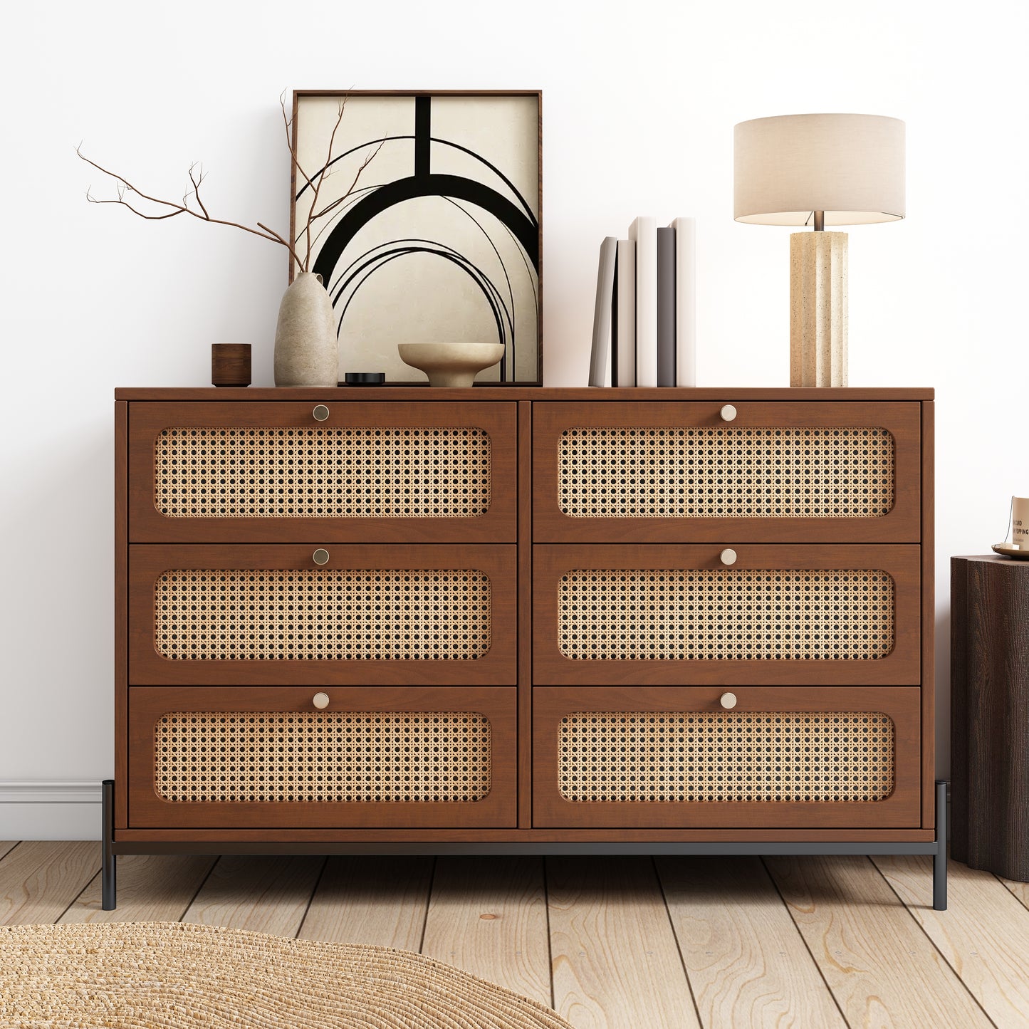 Modern Hemp Vine Wood Closet with 6 Drawers, Dressing Table, and Walnut Wood Side Panel