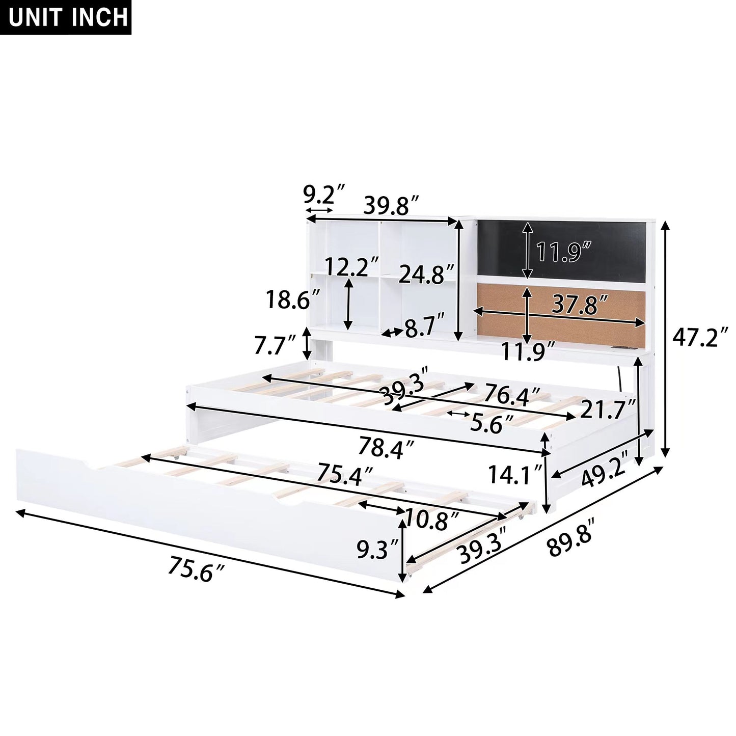 Twin Size Daybed with Storage Shelves, Blackboard, Cork board, USB Ports and Twin Size Trundle, White