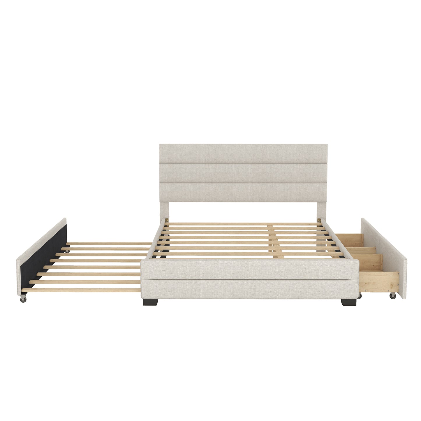 Queen Upholstered Platform Bed with Twin Size Trundle and Two Drawers  Beige