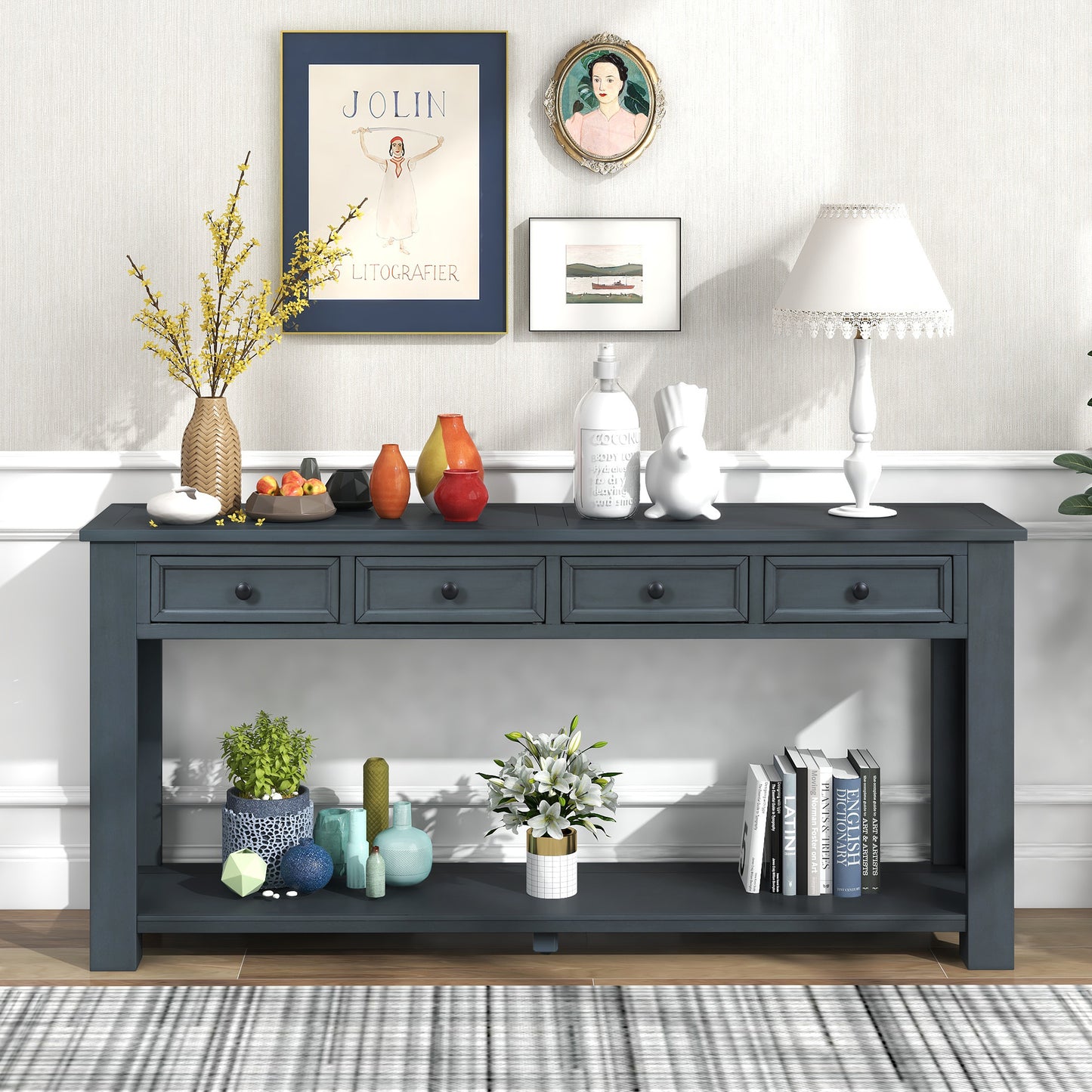 TREXM Console Table with Storage Drawers and Bottom Shelf, Navy Finish for Entryways and Hallways