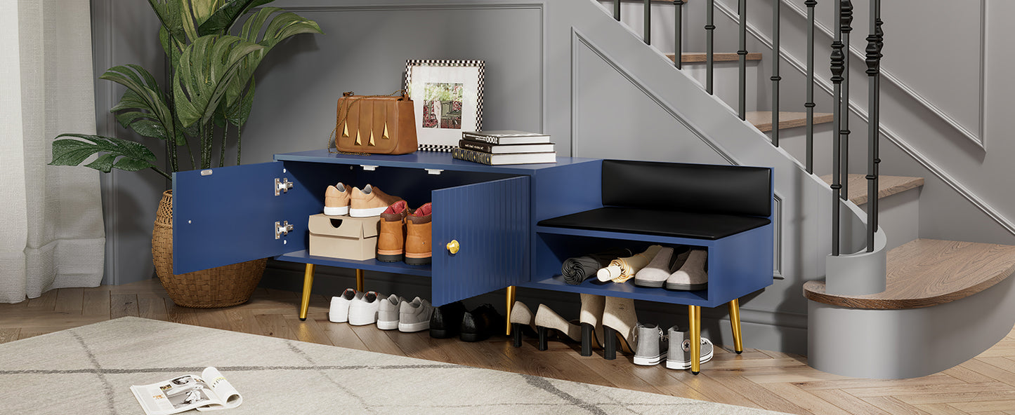 Modern Shoe Storage Bench with Hidden Storage and Upholstered Cushions, Navy Finish