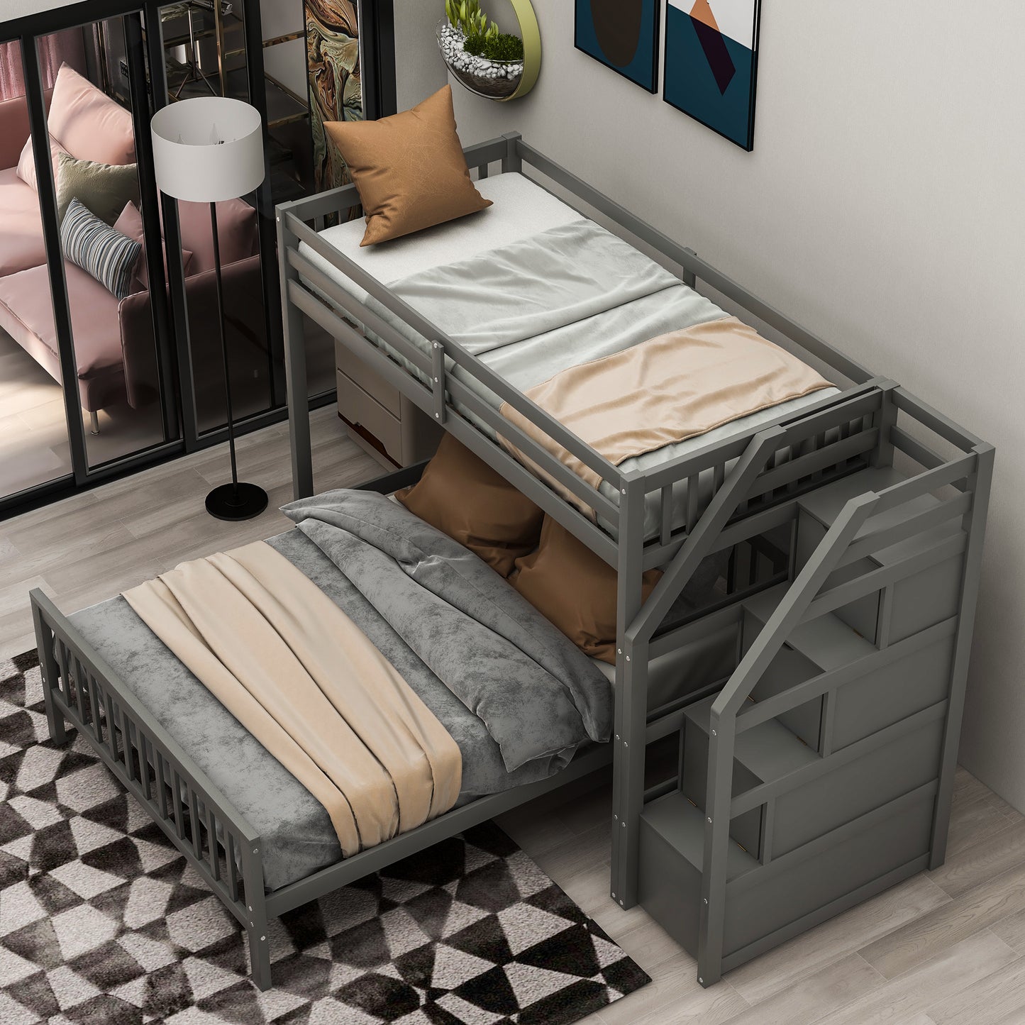 Twin over Full Loft Bed with Staircase Gray