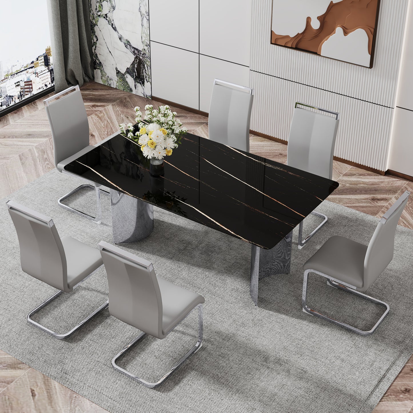 Modern minimalist dining table The black imitation marble glass desktop is equipped with silver metal legs