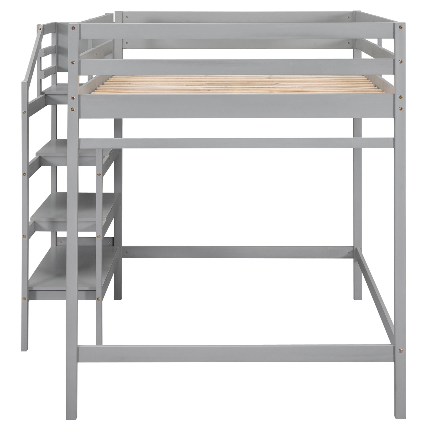 Full Size Loft Bed with Built-in Storage Staircase and Hanger for Clothes, Gray