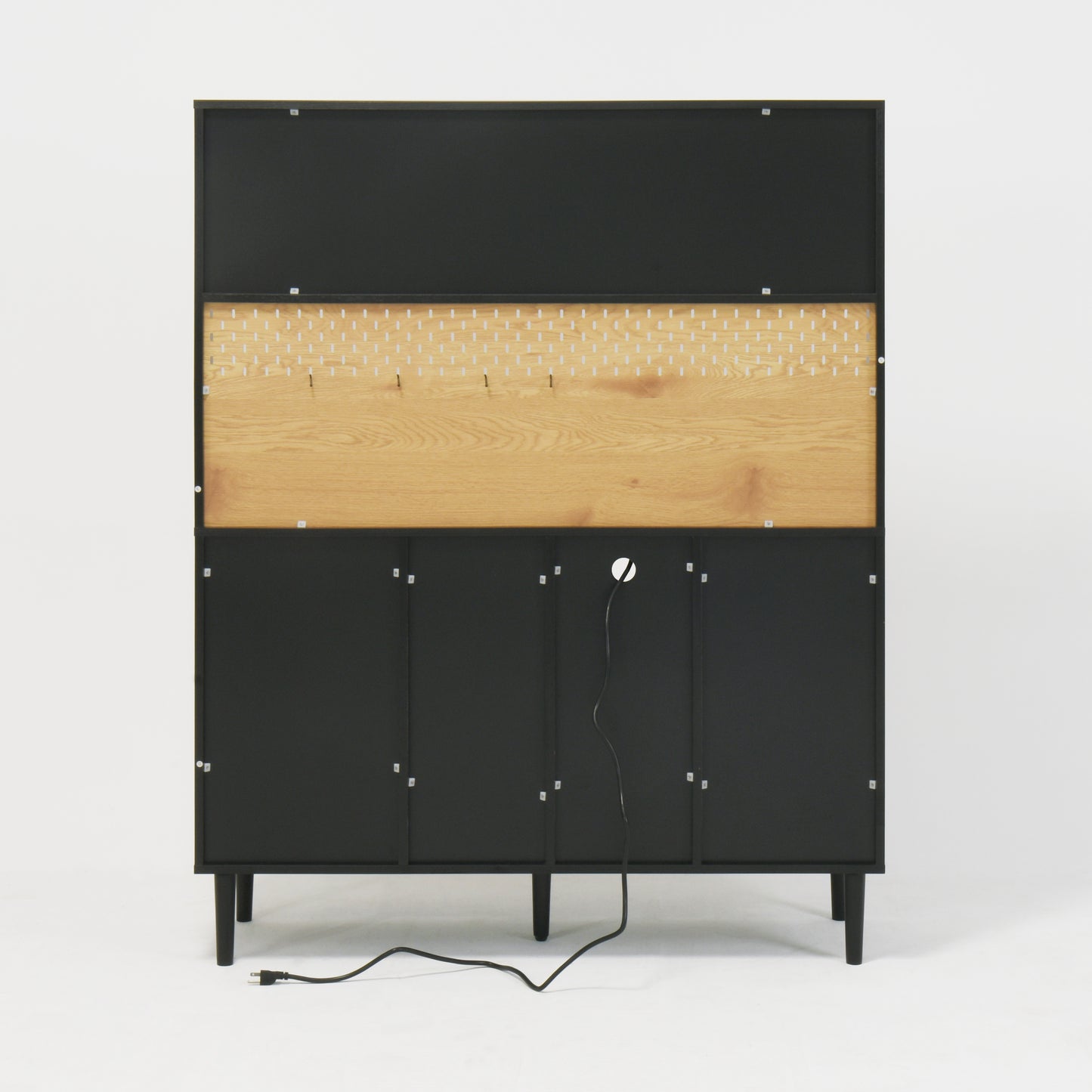 buffet side cabinet with storage door and power outlet, coffee bar cabinet with wine rack, black and natural colors