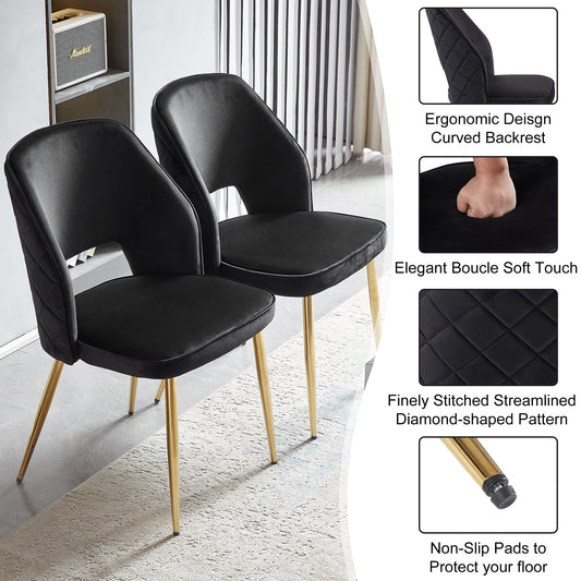 Black Velvet Dining Chairs with Metal Legs and Hollow Back, Set of 4 for Modern Dining Rooms