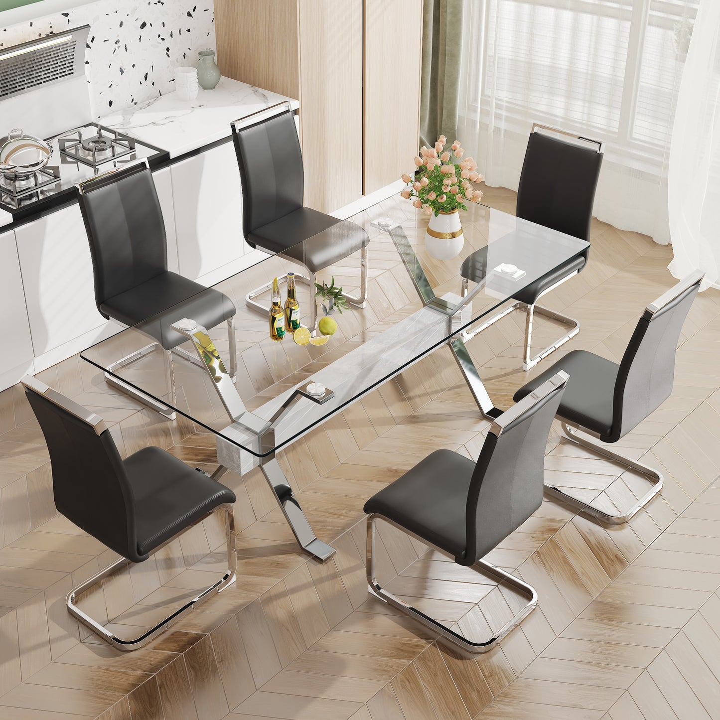 Mesa de comedor moderna de vidrio templado, 79" x 39" x 30", diseño elegante para comedores