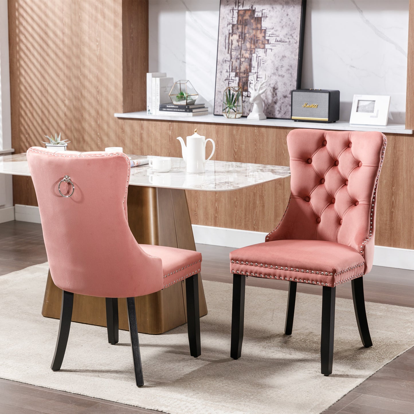 High-end Tufted Solid Wood Contemporary Velvet Upholstered Dining Chair with Wood Legs Nailhead Trim 2-Pcs Set Pink