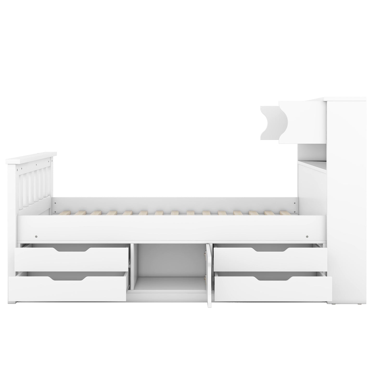 Twin Size Captain Platform Bed Frame with Storage Bookcases and Shelves,Four Drawers,White