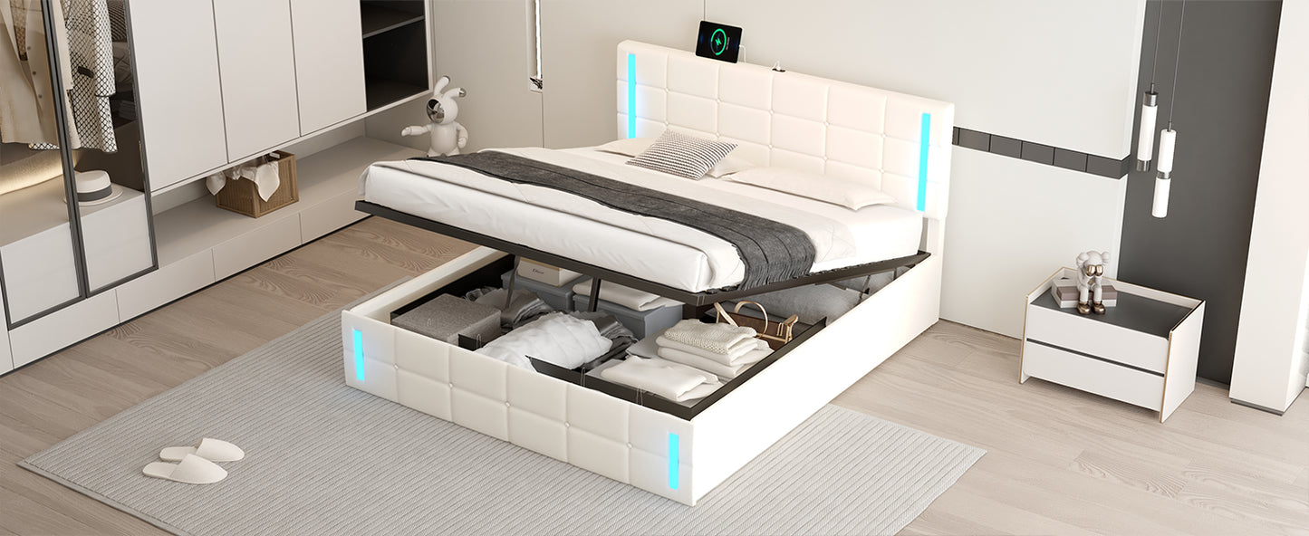 Queen Size Upholstered Bed with LED Lights,Hydraulic Storage System and USB Charging Station,White