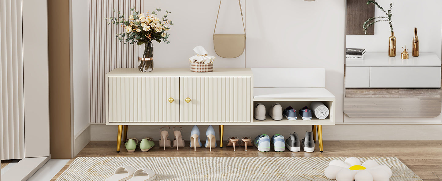 Modern Shoe Storage Bench with Hidden Storage and Upholstered Cushions, Antique White Finish