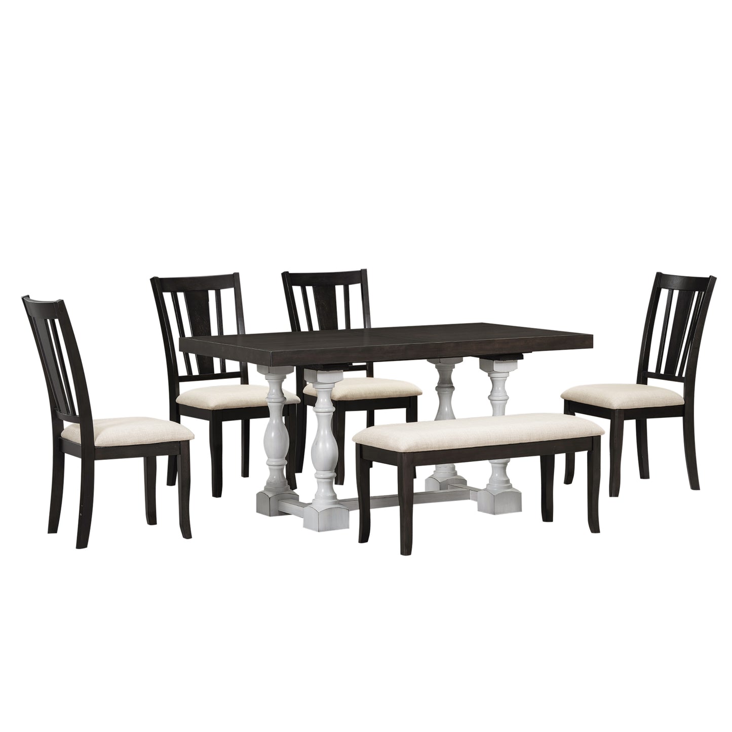 Traditional 6-Piece Trestle Extendable Dining Table Set with Removable Leaf, Padded Chairs, and Bench, Distressed White