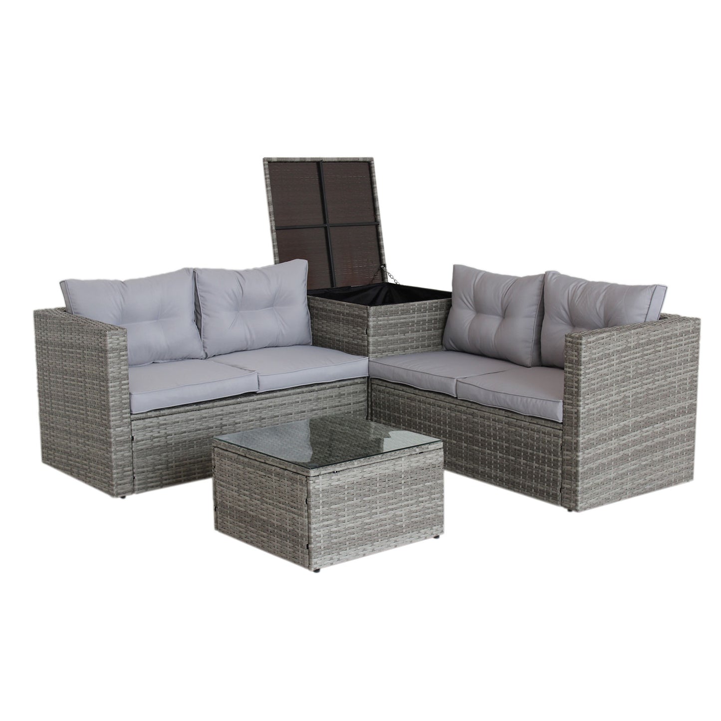 Conjunto de muebles de exterior de mimbre y ratán seccional de 4 piezas para patio con caja de almacenamiento, acabado gris