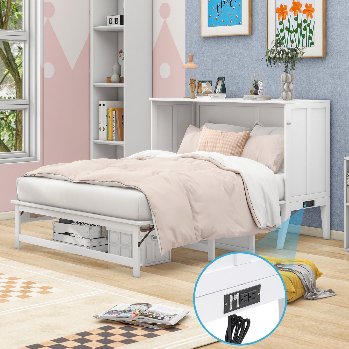 Queen Size Murphy Bed with Built-In Charging Station and a Shelf  White