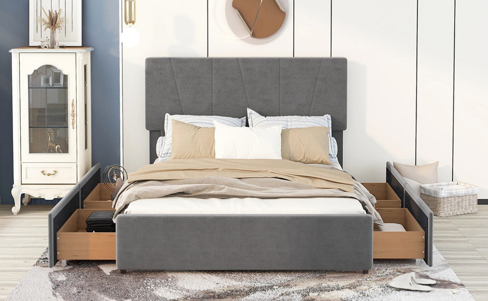 Queen Size Upholstery Platform Bed with Four Drawers on Two Sides  Adjustable Headboard  Grey