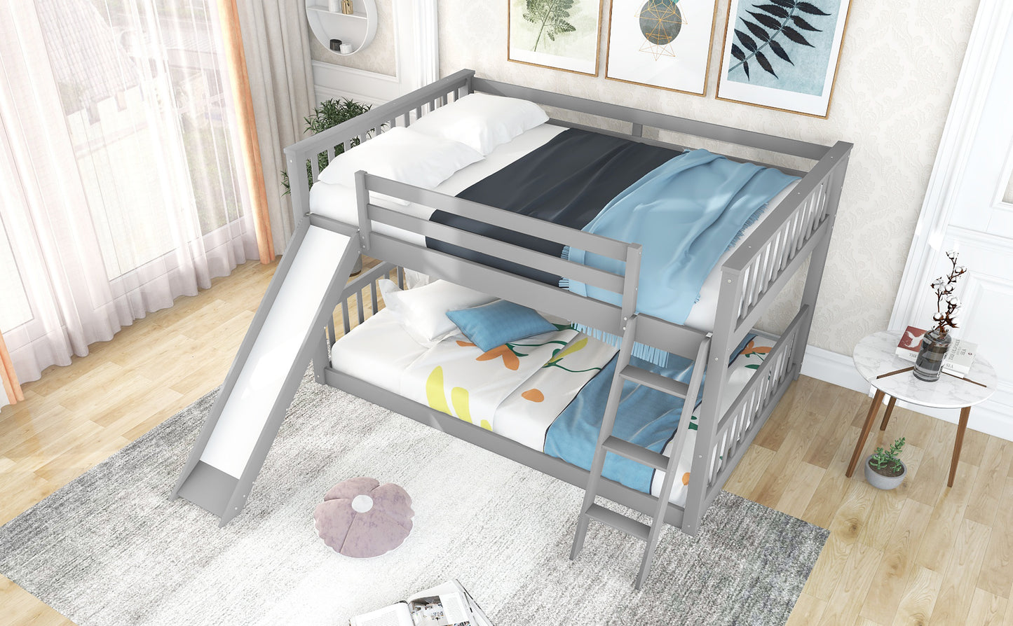 Full over Full Bunk Bed with Convertible Slide and Ladder  Gray