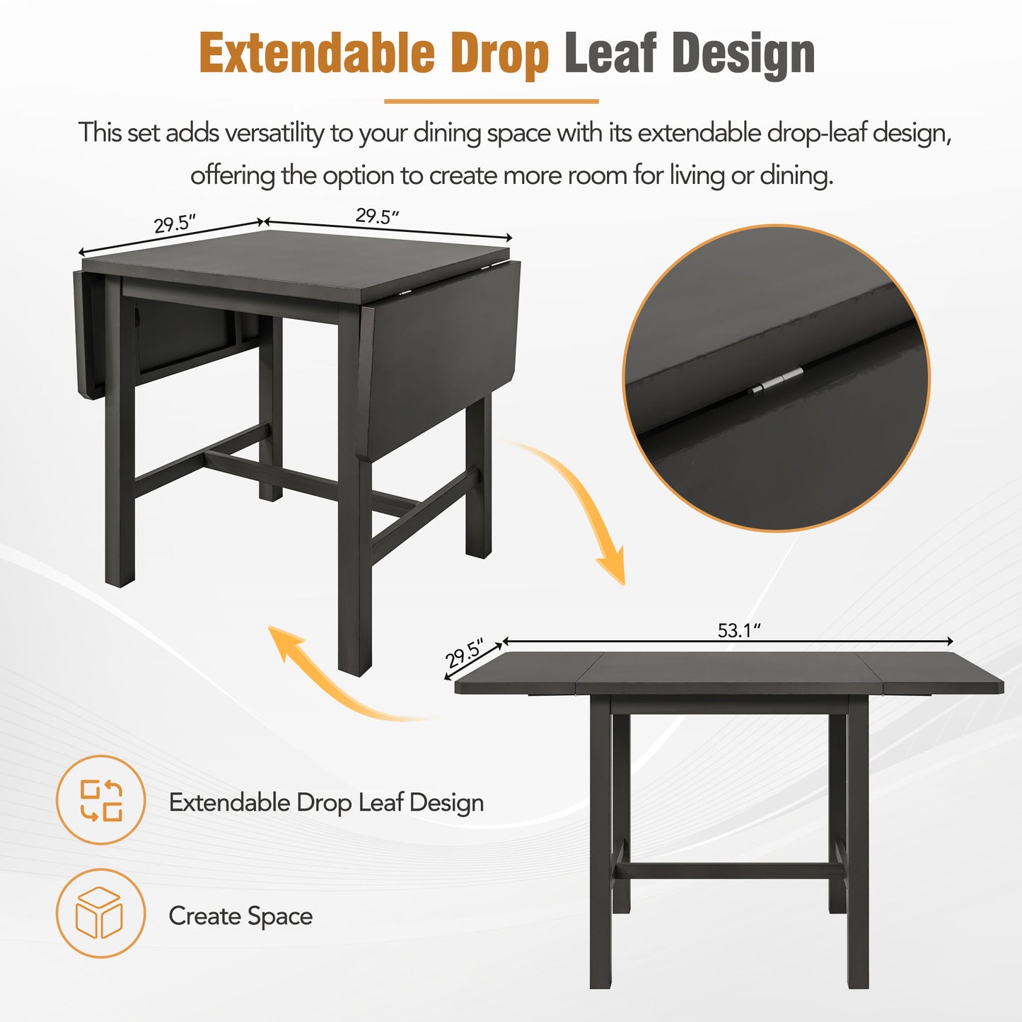 Juego de comedor TOPMAX de 5 piezas con lámpara colgante de madera cuadrada, mesa expandible y 4 sillas con respaldo en forma de escalera, color gris