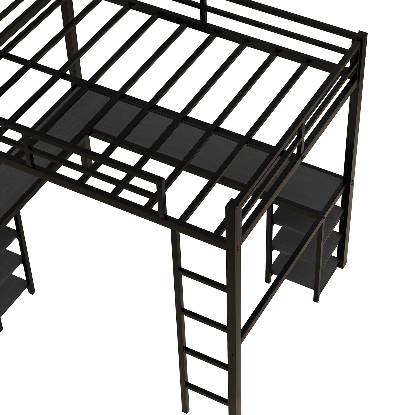 All metal loft bed with desk and shelf, loft bed with ladder and guardrail, black with black desk