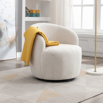 Teddy Fabric Swivel Accent Armchair with Black Powder-Coated Metal Ring, Ivory White Finish