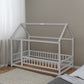 Twin Size Floor Wooden Bed with House Roof Frame, Fence Guardrails,Grey