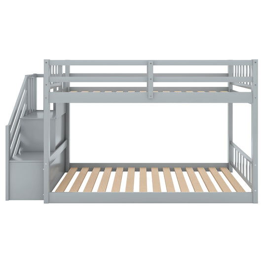 Twin over Twin Floor Bunk Bed, Ladder with Storage  Gray