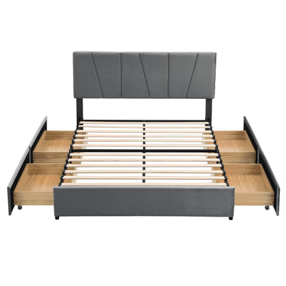 Queen Upholstered Platform Bed with Drawers Gray