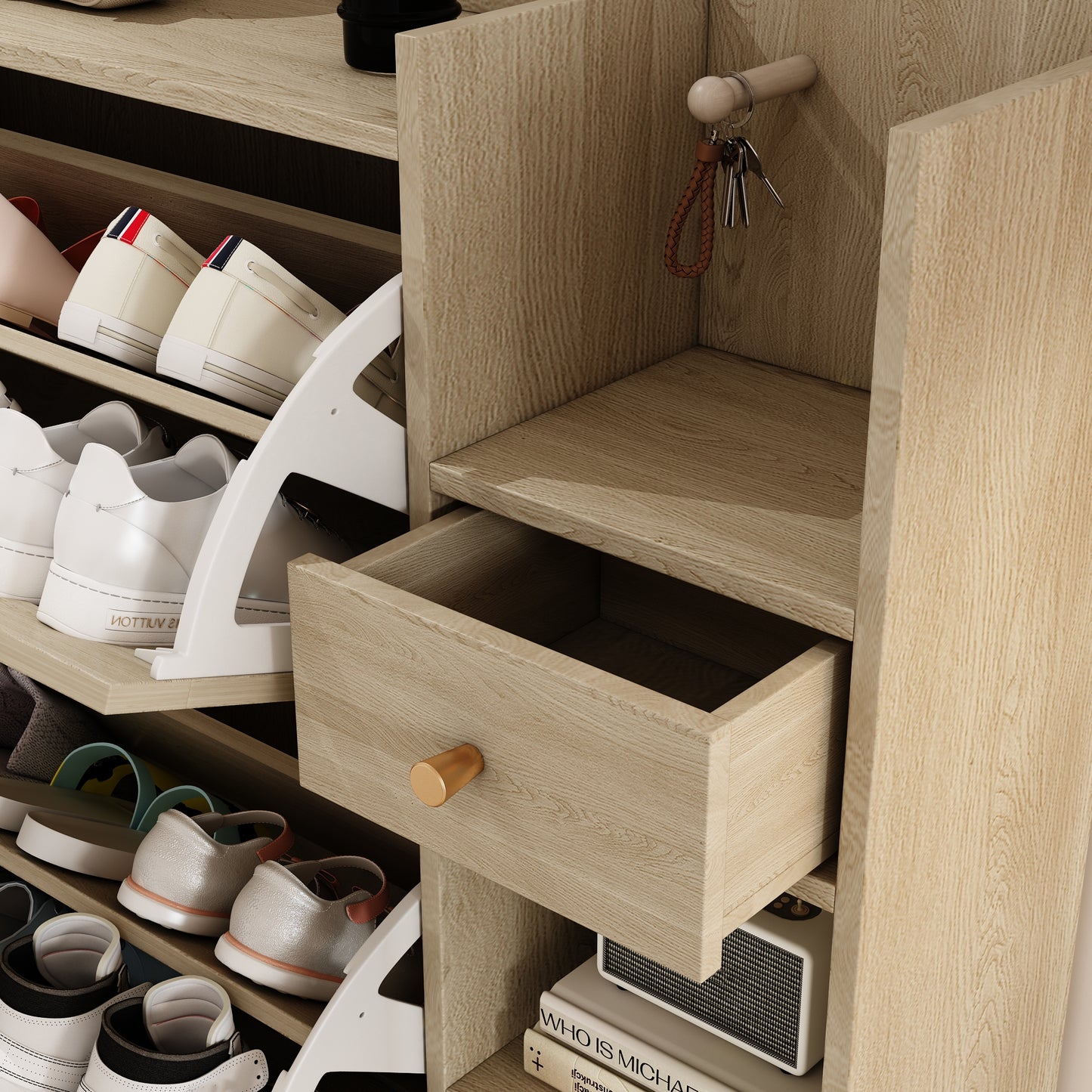 Natural Bohemian style shoe cabinet with 3 rattan flip drawers, 3 square shelves, and 1 storage drawer,  Natural