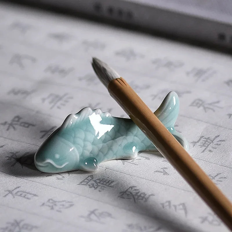 Celadon Koi Pen Holder Multi functional Small Pen Stand Creative Small Pen Stop Pen Mountain Student Desktop Exquisite Ornament