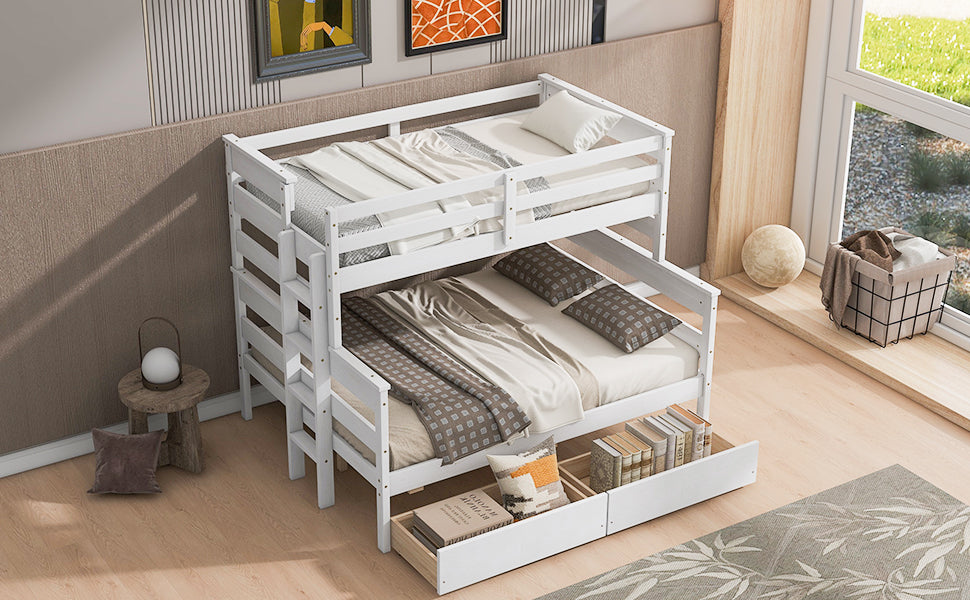 Wood Twin over Full Bunk Bed with 2 Drawers  White