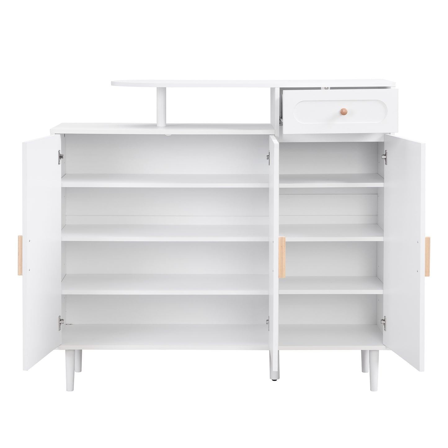 ON-TRANS Elegant Shoe Cabinet with Arched Doors and Drawers, Storage Side Panels, Adjustable Shelves and Solid Wood Legs, White