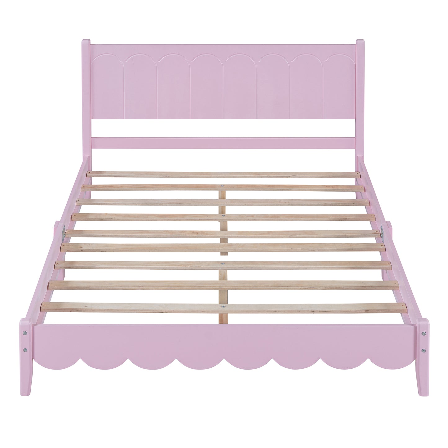 Full Size Wood Platform Bed Frame, Retro Style Bed with Rectangular Headboard,No Need Box Spring,Pink