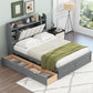 Wood Queen Size Platform Bed with Storage Headboard  Shelves and 2 Drawers  Gray