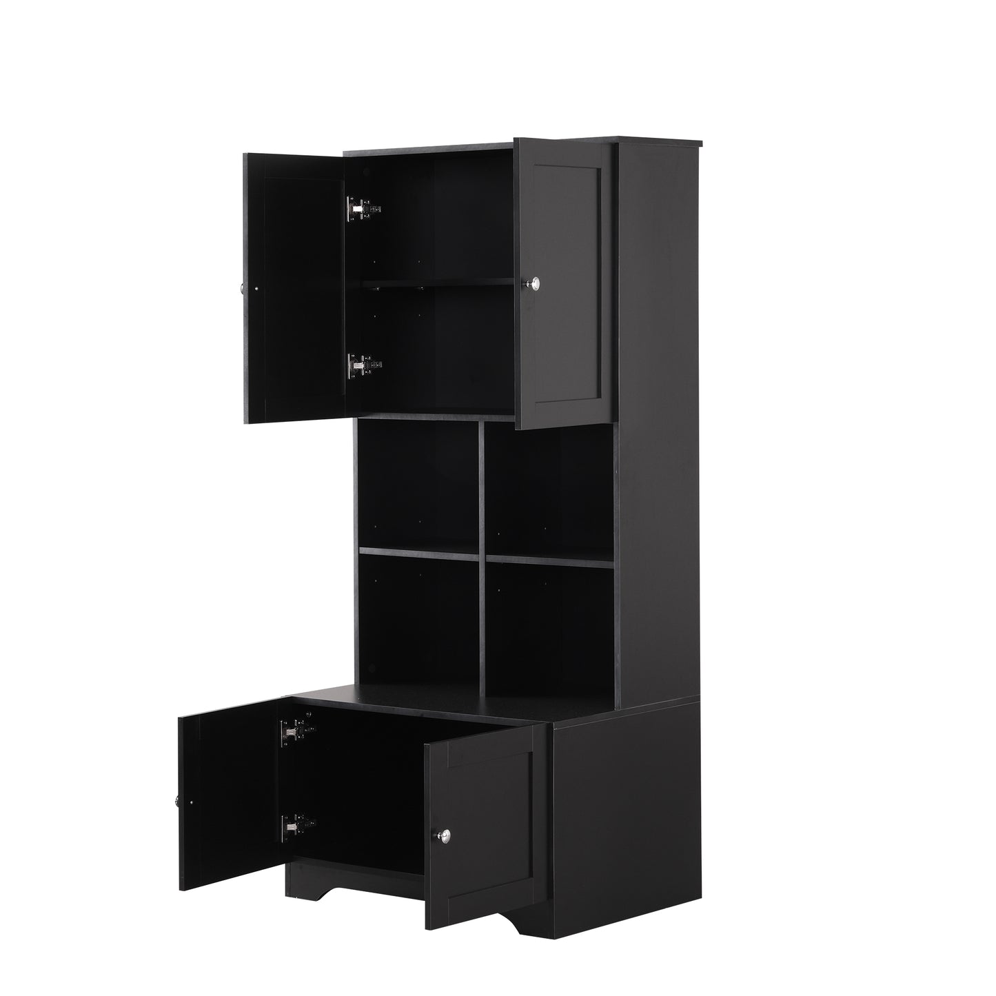 Bathroom storage cabinet, 4-door independent cabinet, adjustable shelf, open multi-layer shelf, black