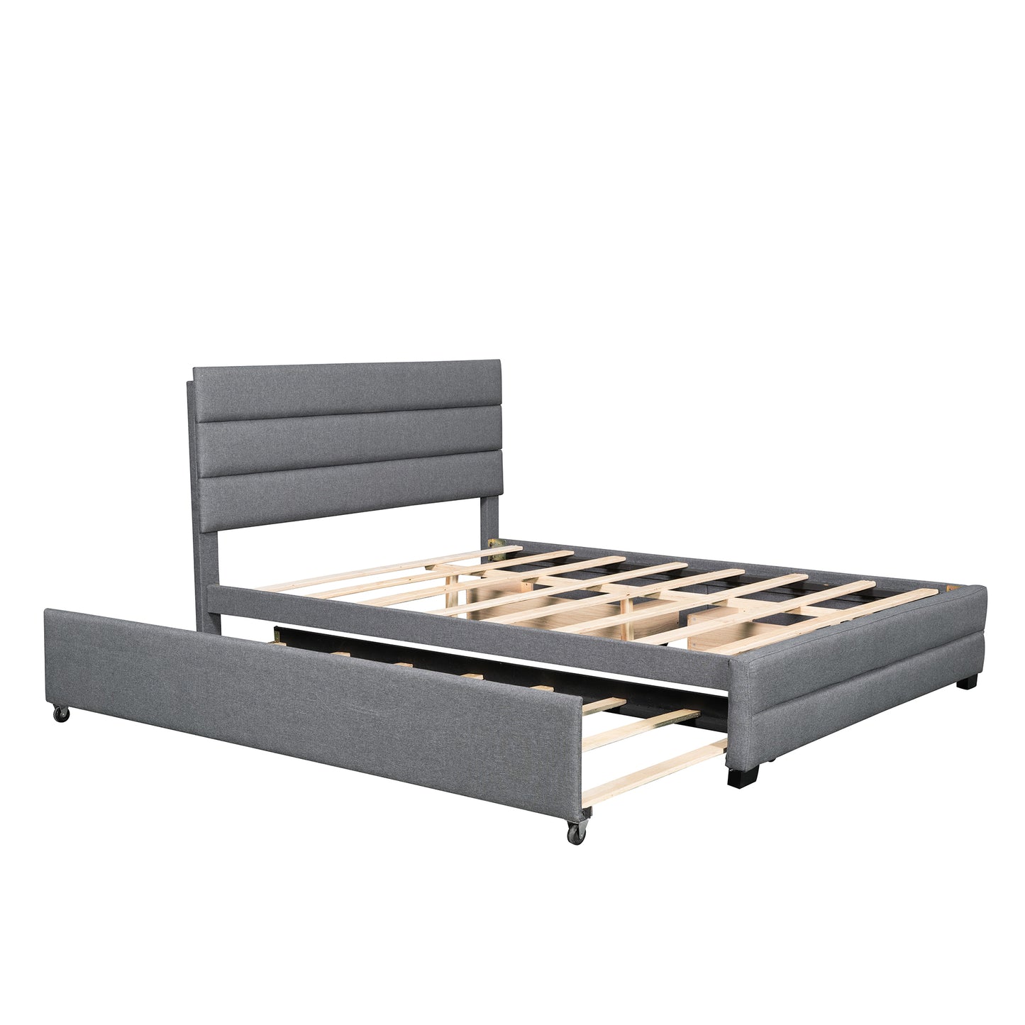 Queen Upholstered Platform Bed with Twin Size Trundle and Two Drawers Grey