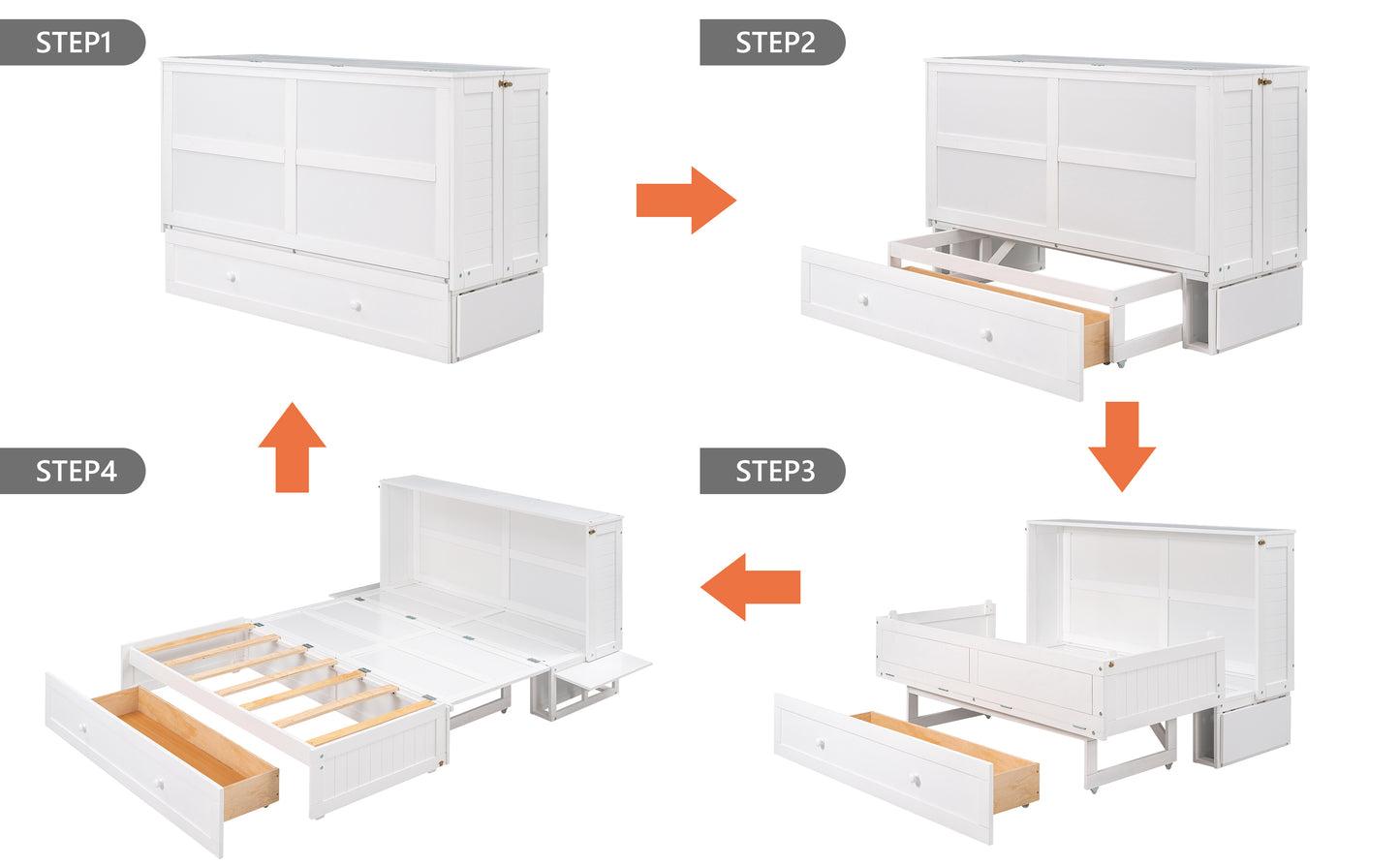 Queen Size Mobile Murphy Bed with Drawer and Little Shelves on Each Side White