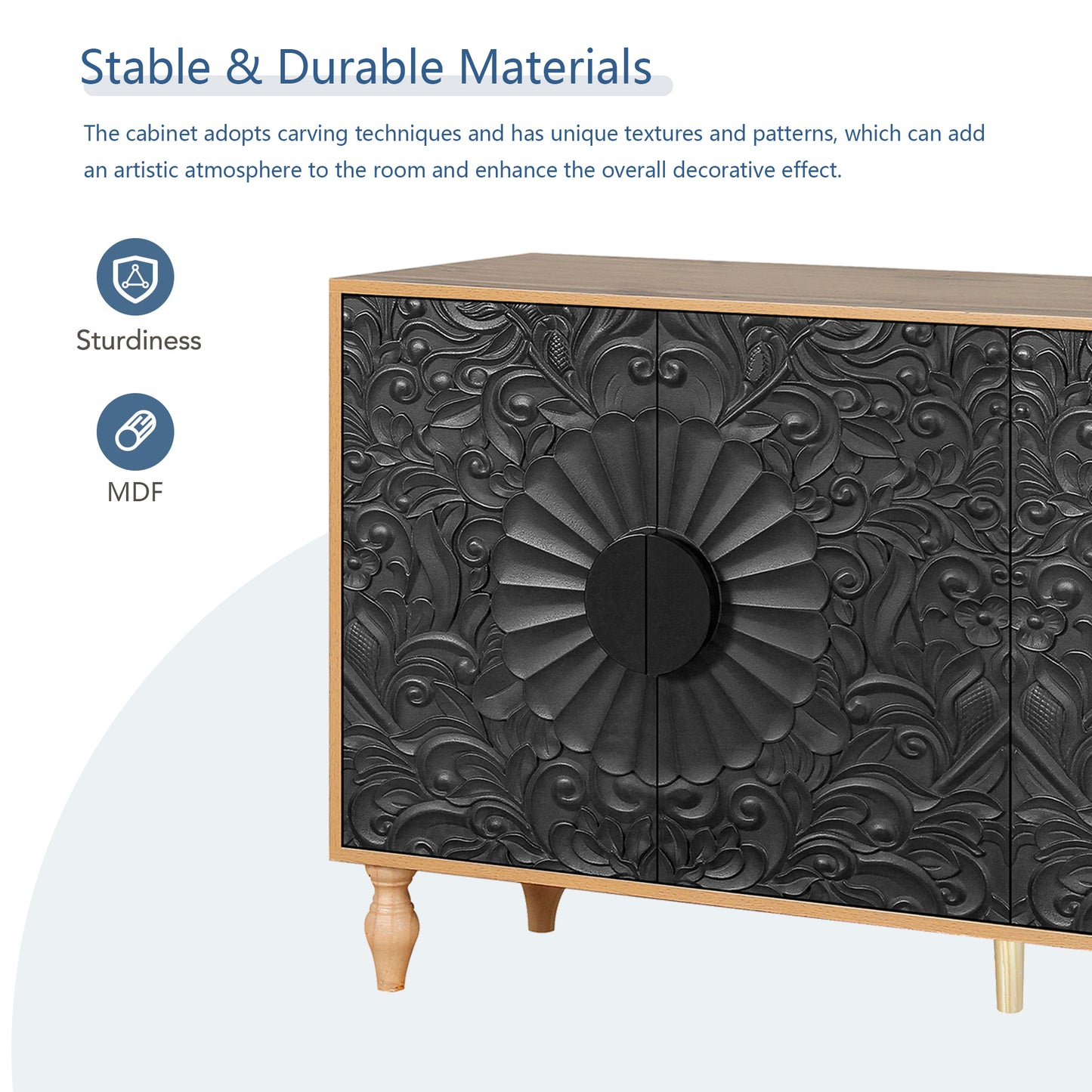 Black Carved Symmetrical Design Door with Wood-Colored Frame, Perfect for TV Stands and Living Rooms