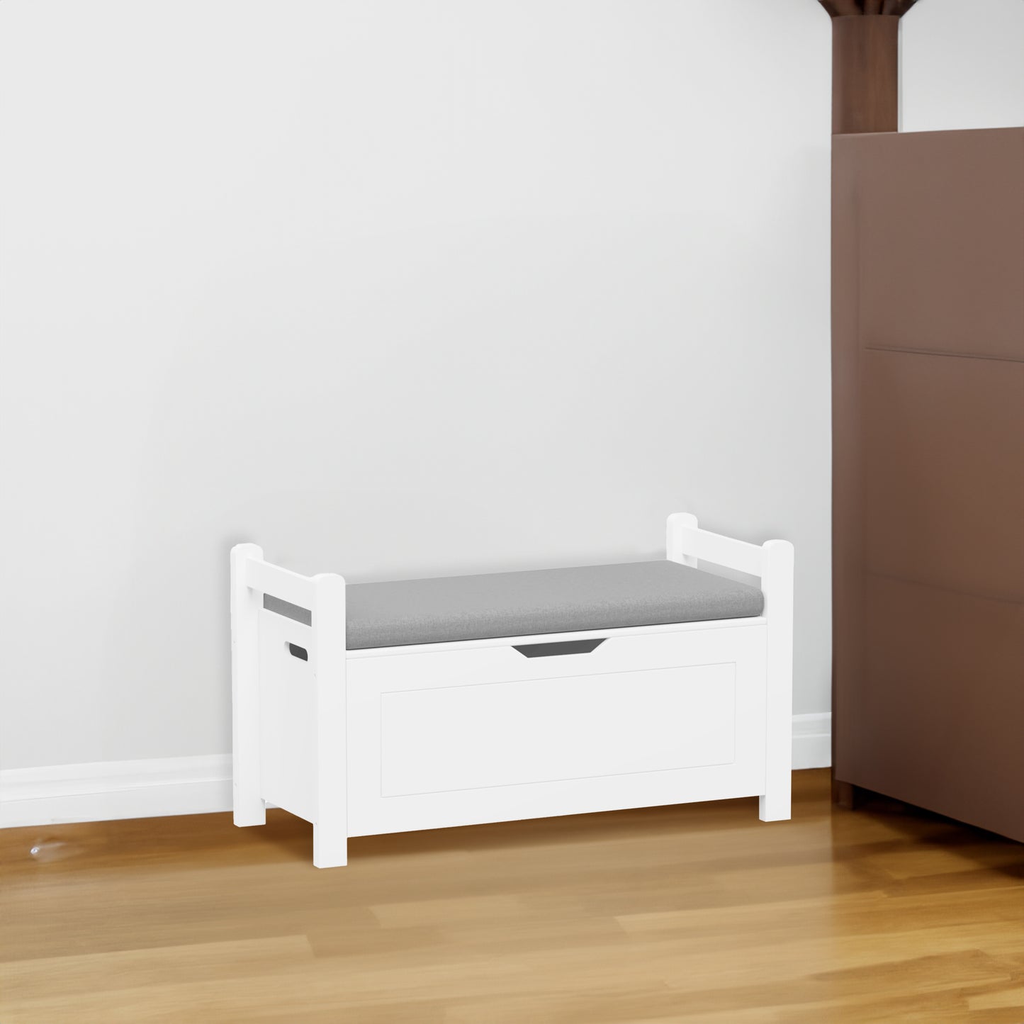 A white rubber wood children's toy box with soft cushioned seats, stools, flip covers, and safety hinges for toy storage