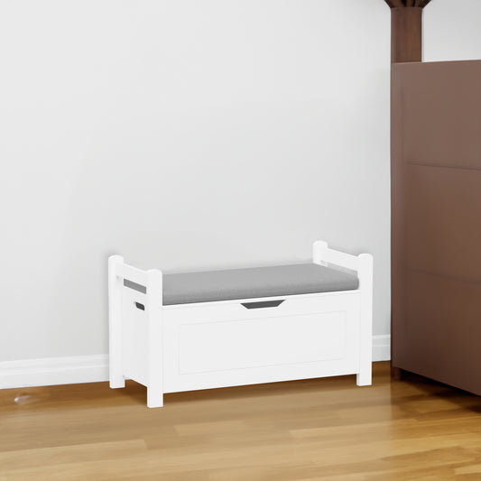 A white rubber wood children's toy box with soft cushioned seats, stools, flip covers, and safety hinges for toy storage