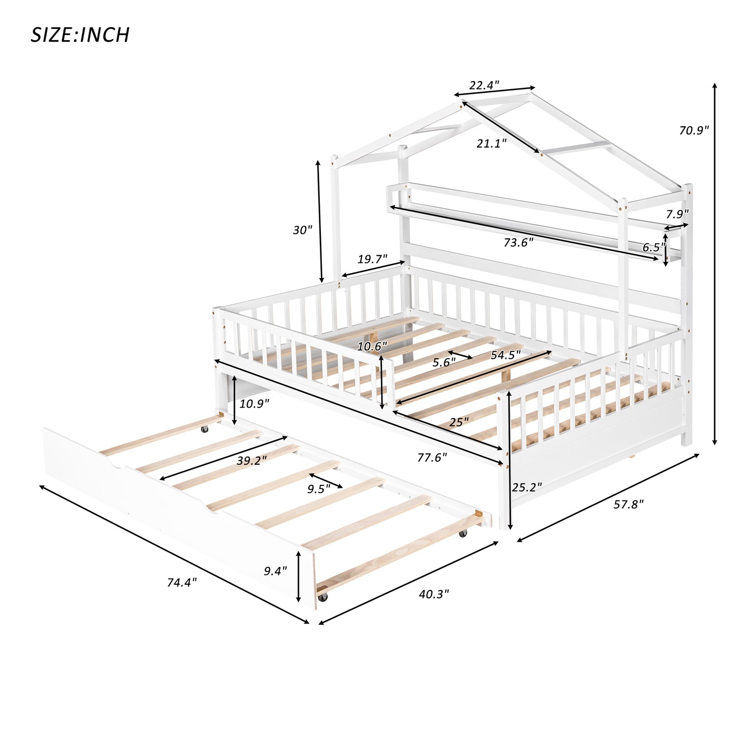 Wooden Full Size House Bed with Twin Size Trundle Kids Bed with Shelf White