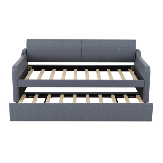 Twin Size Upholstery DayBed with Trundle and USB Charging Design Trundle can be flat or erected Gray